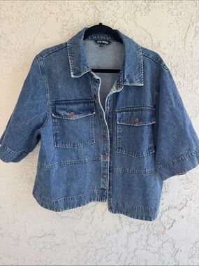 Steve Madden oversized cropped denim button down shirt chore jacket size XL